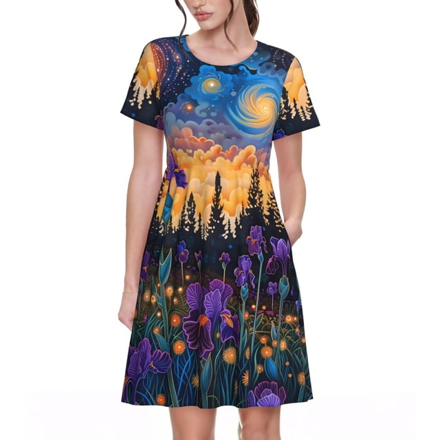 Easygdp Cosmic Irises At Twilight para Vestido Transpirable de Mujer, Vestido Suelto de Manga Corta con Pliegues y Bolsillos para el Verano