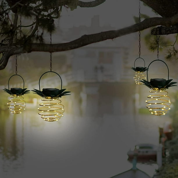 Paquete de 4 luces colgantes en espiral solares, farolillos de arte de hierro, lámpara colgante LED impermeable para jardín, patio, camino, decoraciones para árboles de patio (paquete de 4 24 LED). Afortunado Sencillez