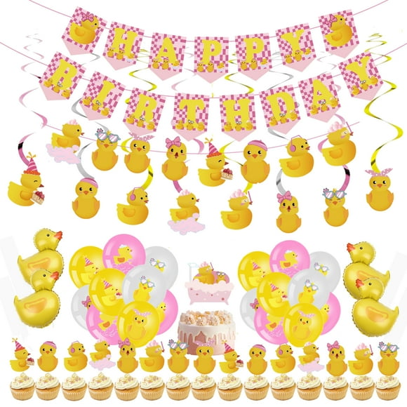 77Pcs Pink Ducky Party Decorations Cute Duck Birthday Party Accessory Include Hanging Banner Hanging Swirls Latex Balloons Cupcake Topper for Birthday Duck Themed Party Supplies