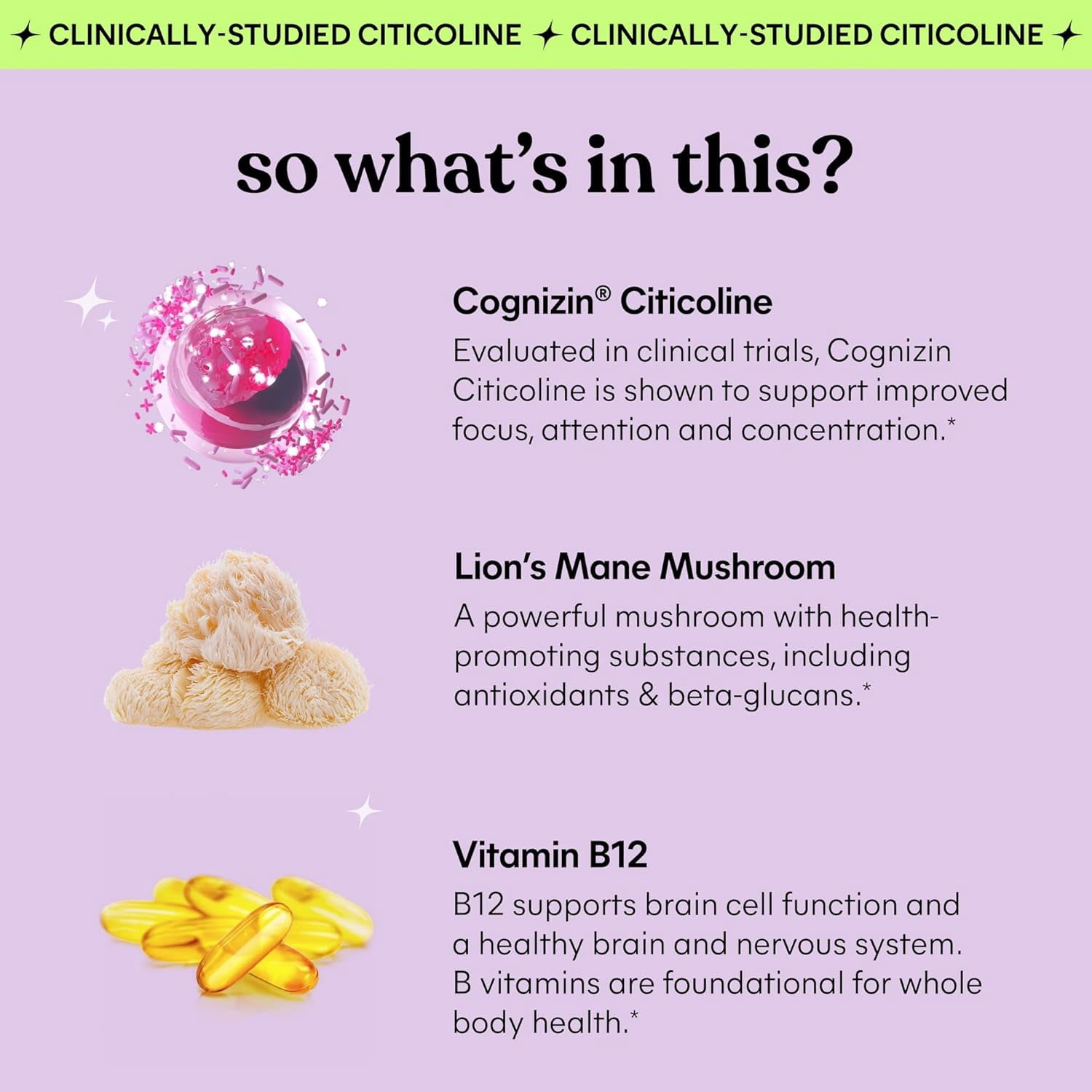 Lemme Focus Concentration & Brain Health Gummies with Cognizin Citicoline, Lion's Mane Mushroom, Vitamin B12, Caffeine Free, Strawberry - 50 Count