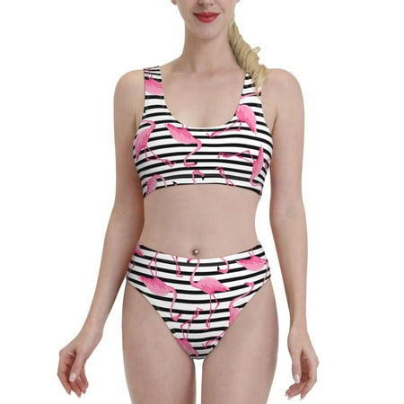 Bixox Flamingos Pattern Two-Piece Sports Bikini with U-Shaped Top and High-Waist Bottom - Women s Swimwear with Removable Bra Pads