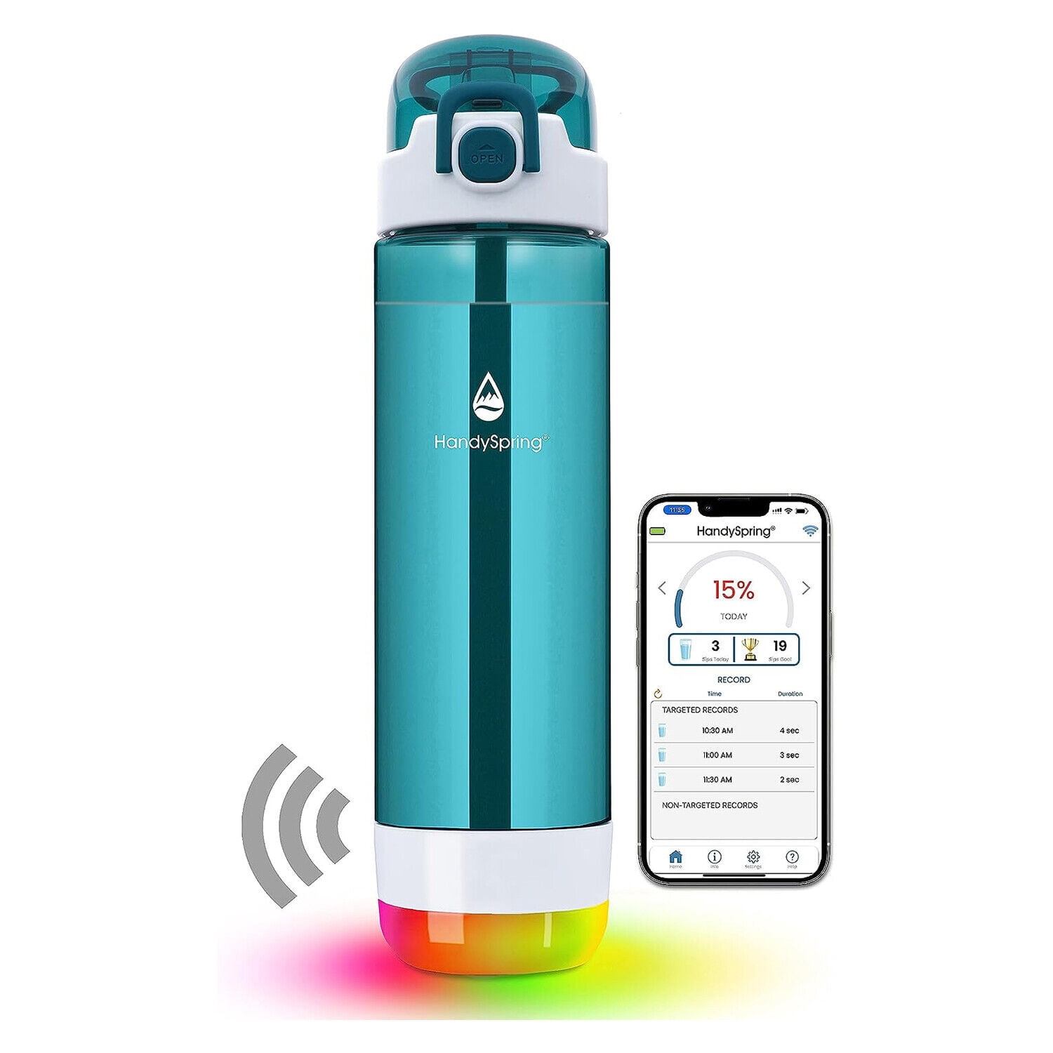 HANDYSPRING - 26 oz Smart Water Bottle with Reminder to Drink Water - Rechargeable - Switchable Lights and Sounds, Water Tracker with Straw, Track Your Sips, Smart Hydration Reminder (Green)