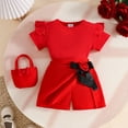 thumbnail image 6 of CUZIBR Toddler Girls Solid Color Outfits 3 Piece Crewneck Ribbed Ruffles Short Sleeve Tops T Shirt A-Line Floral Pleated Skirts With Bag Trendy Elegant Party Dailywear,Red,9-12 Months, 6 of 7
