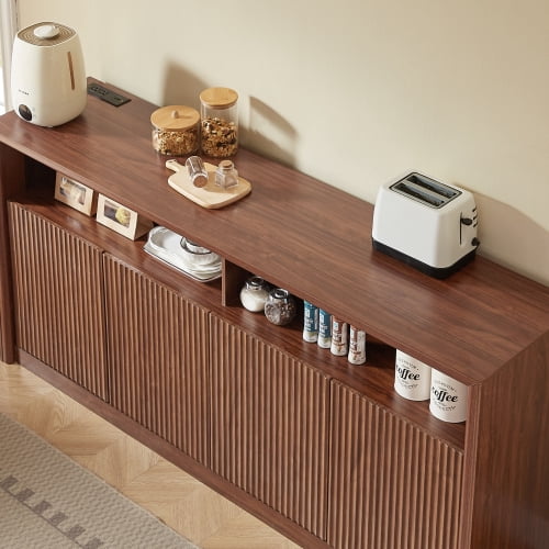 67" Wooden Sideboard Buffet Cabinet with LED Lights and Outlets, 4-Compartment Storage, Walnut