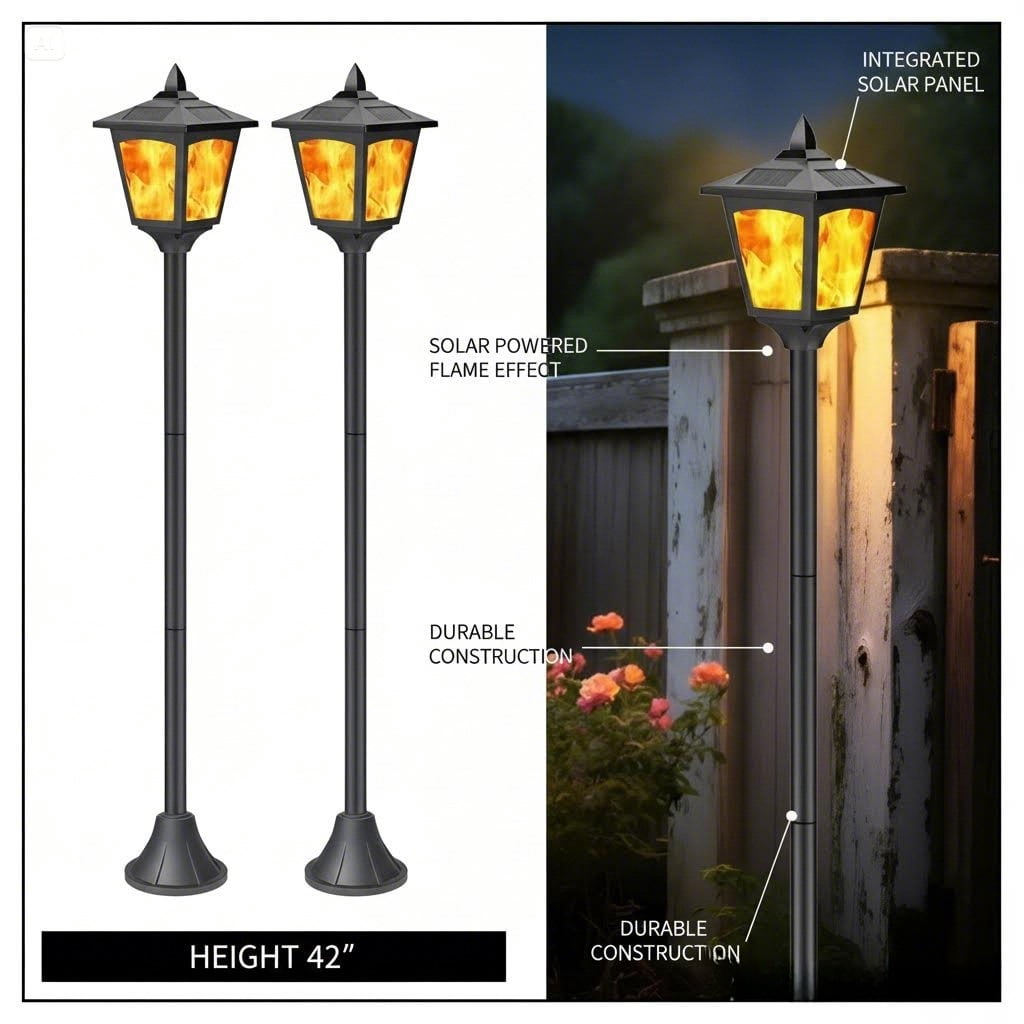 Kanstar 2 pack 40" Solar Flame Flickering Lights Outdoor, LED Post Lanterns for Garden & Pathway, Waterproof