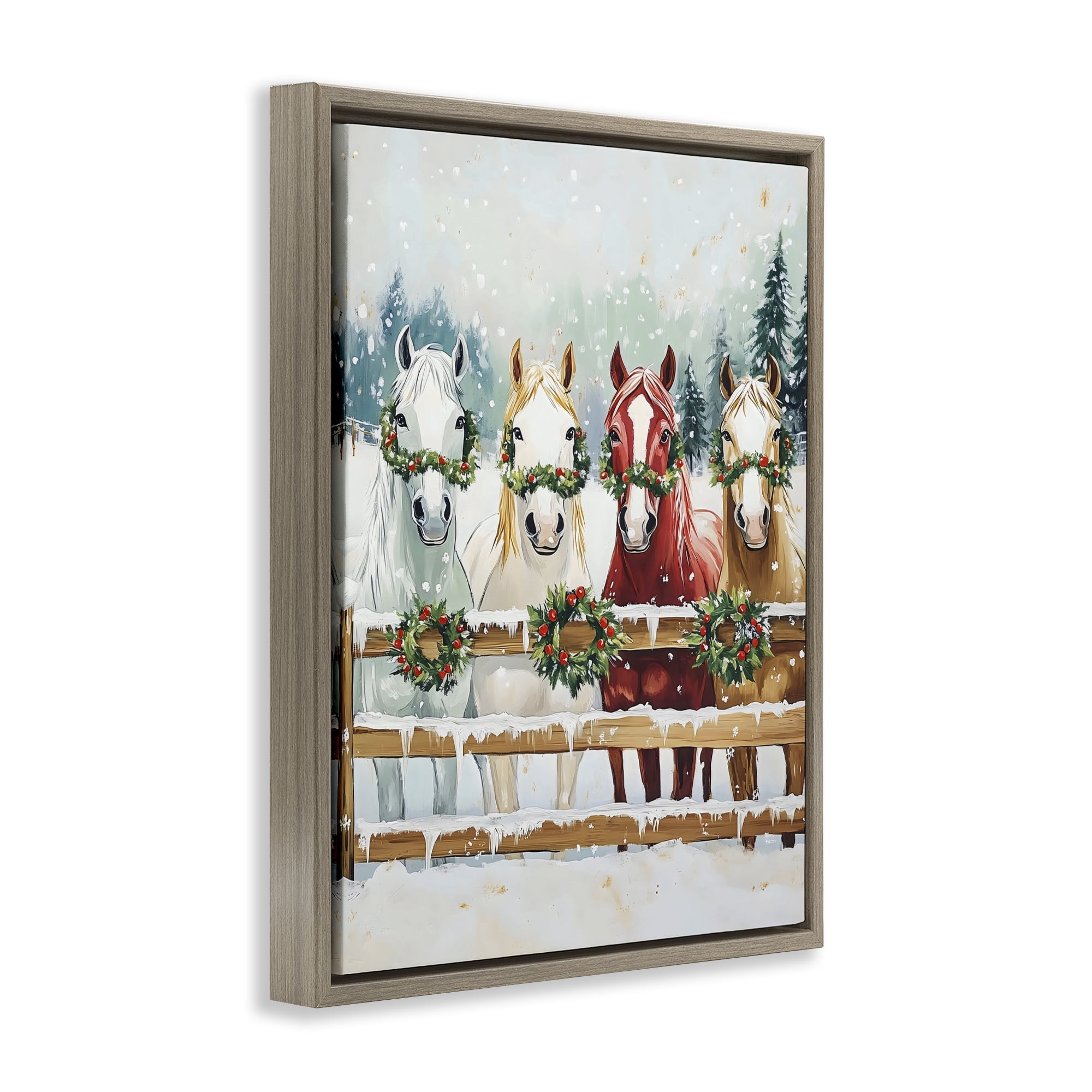 Stupell Industries Christmas Horses with Holly Wreaths Brown Framed Floater Canvas Wall Art, design by The Prints Vibe