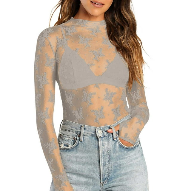 Mesh Long Sleeve Top For Women Lace Sheer Tops See Through Neck Floral Embroidery Sheer Bodysuit Fishnet Shirt Plus Size Tops