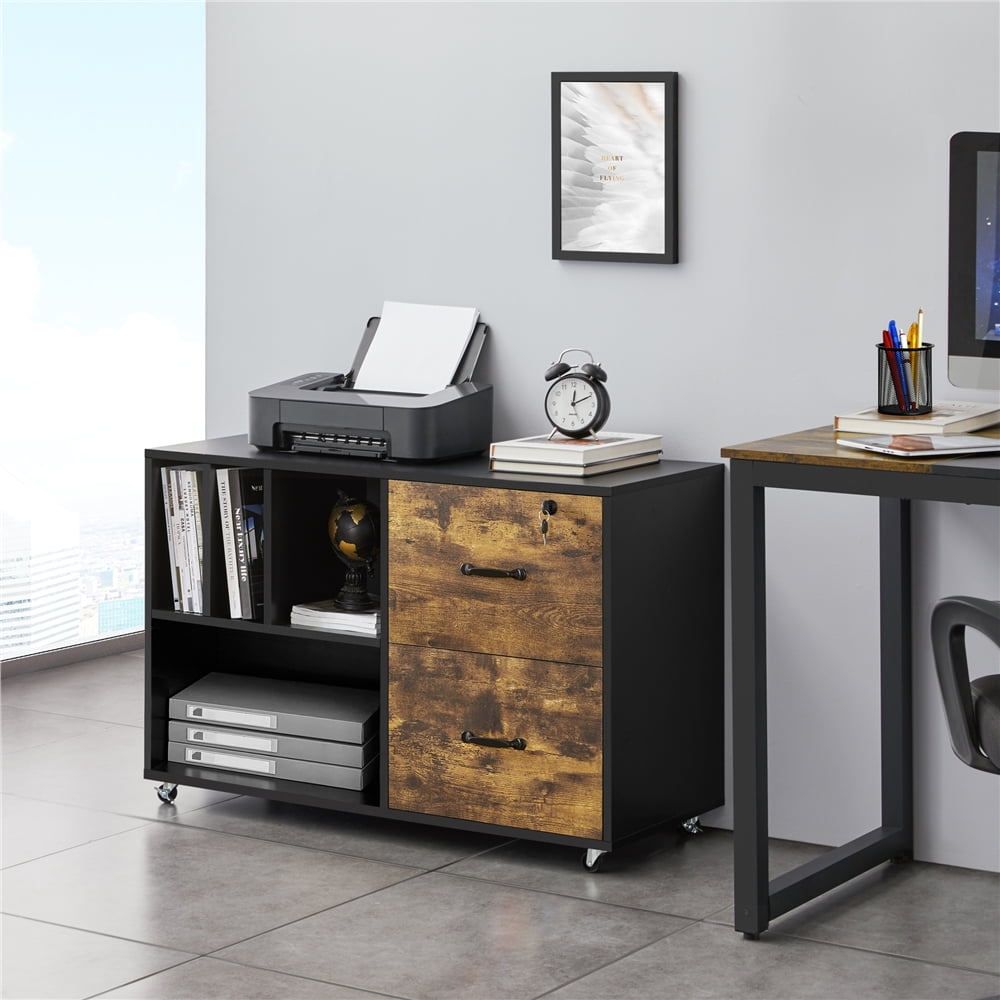 Alden Design Designs Rolling File Cabinet with 2 Drawers and Open Shelving, Rustic Brown