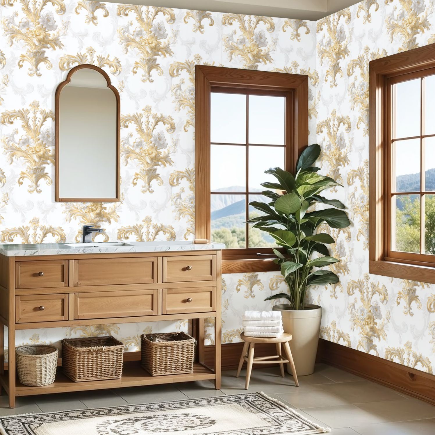 Vintage Peel and Stick Wallpaper 23.6in x 9.8ft Elegant Floral Damask Gold White Detailing Soft White Contact Paper Vinyl Waterproof Self Adhesive Wall Paper for Bedroom Shelf Cabinet