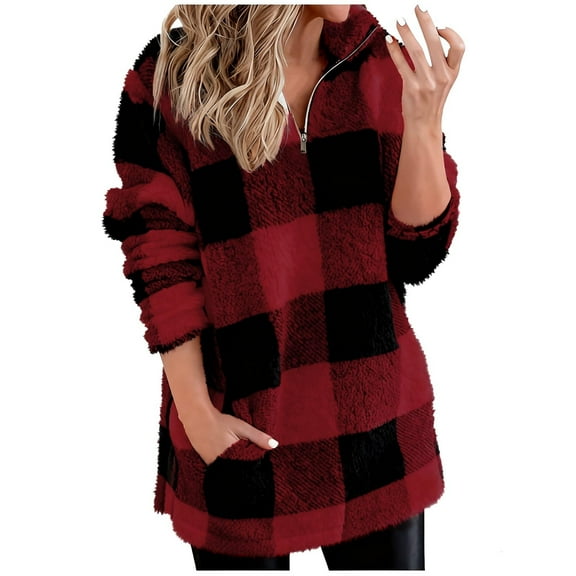 Womens Sherpa Pullover Long Fuzzy Hoodie Double Fleece Sweatshirts Fluffy Plaid Outerwear Warm Coats