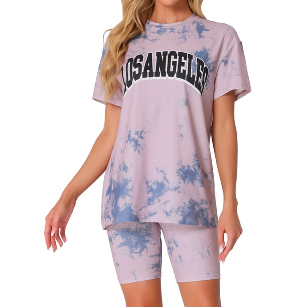 Conjunto de ropa de lounge para mujeres INSPIRE CHIC, con tie dye, pantalones cortos de ciclista, loungewear, color rosa oscuro
