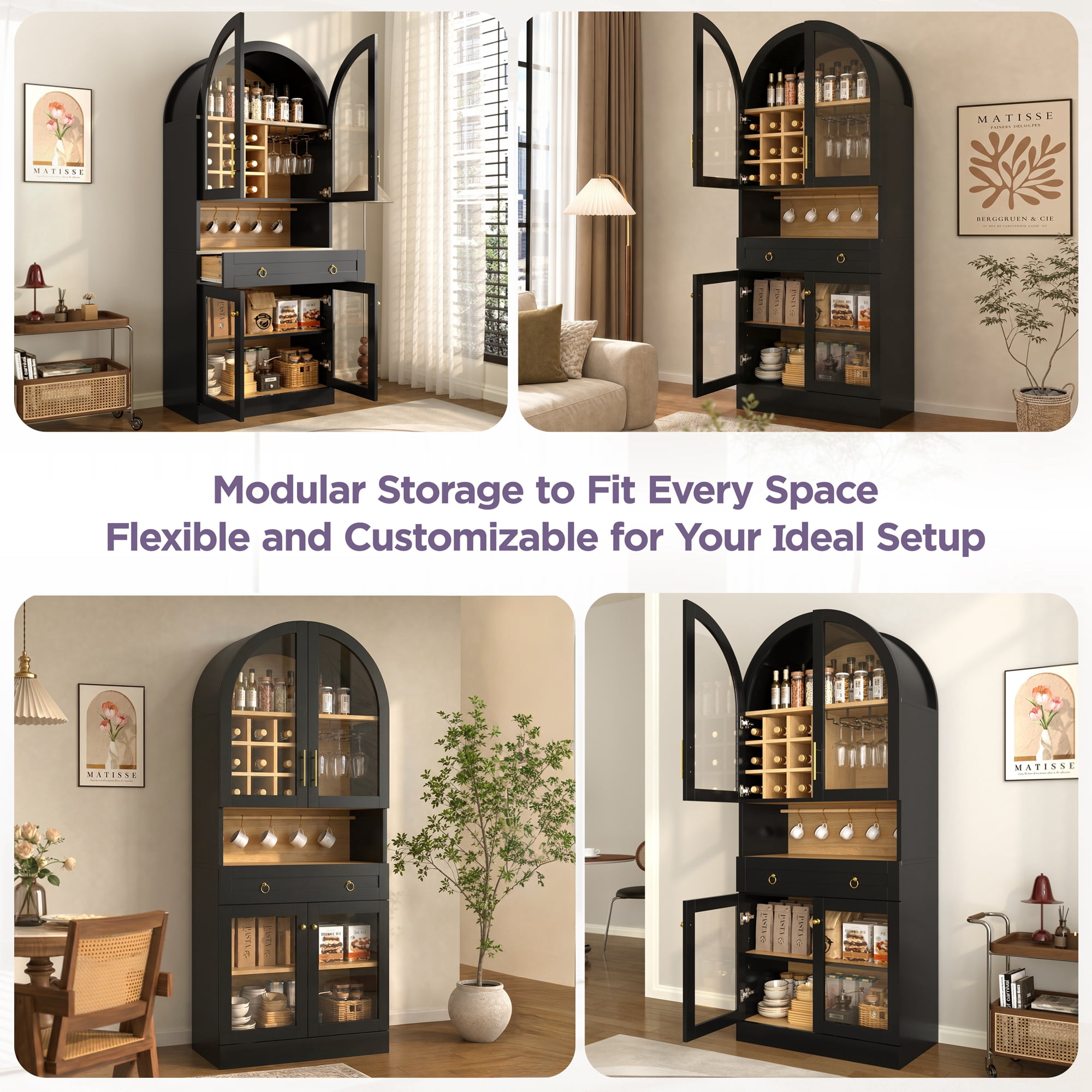 Mintazer 70" Tall Arched Bar Cabinet with Tempered Glass Doors, Freestanding Storage Buffet Sideboard with Removable Wine Rack & Cup Hooks for Dining Room Kitchen Living Room, Black