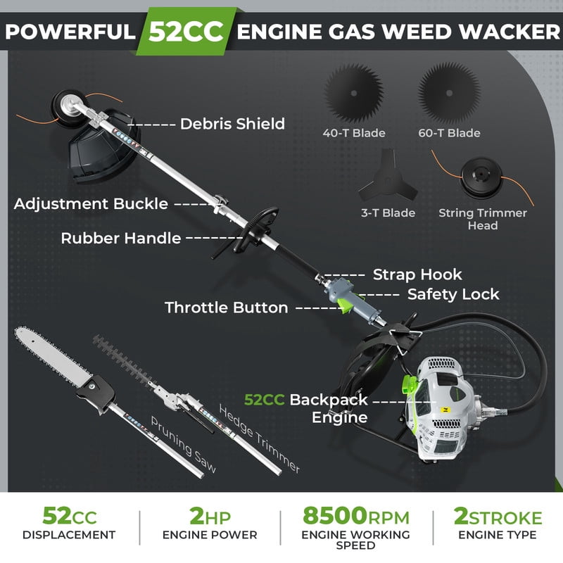 EAYSG 6-in-1 52CC Gas-Powered Backpack Multifunctional Trimmer Set – Brush Cutter, Chainsaw, Hedge Trimmer, Pole Pruning Saw, String Trimmer – 2HP 2-Stroke Engine, Protective Kit Included