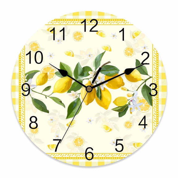 Wall Clock Lemon Clocks PVC Silent Non-Ticking Battery Operated Decorative Summer Fruit Floral Yellow Buffalo Plaid Round Clock for Home Living Room Kitchen Bedroom Office School Wall Decor 10 Inch