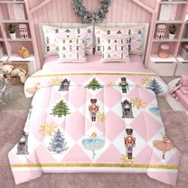 Manfei Girly Pink Princess Twin Bedding Sets 7-Piece for Kid, Dreamy Xmas Tree Bedding Comforter Set, Cute Nutcracker Guard Reversible Sheet Sets, Ultra Soft Bedroom Decor
