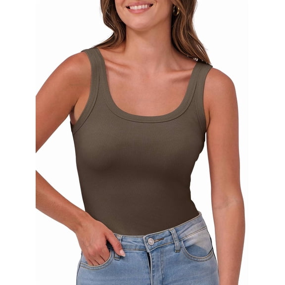 Womens Sleeveless Scoop Neck Tank Top Ribbed Fitted Summer Basic Slim Cute Tops Brown XXL