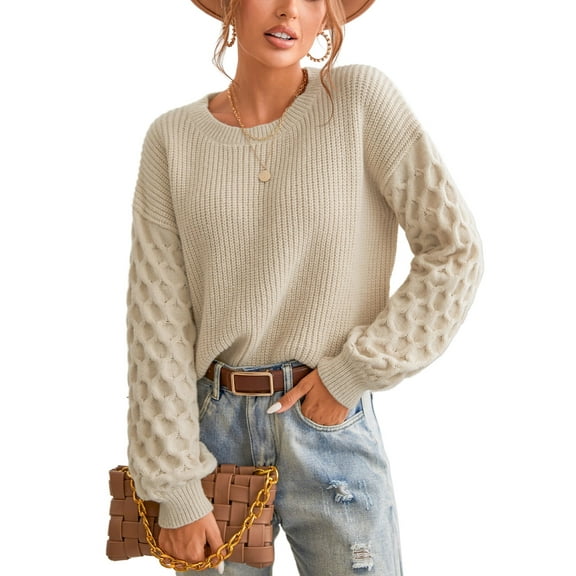 Cupshe Women's Sweater Long Sleeve Crewneck Sweaters Cable Knit Tops