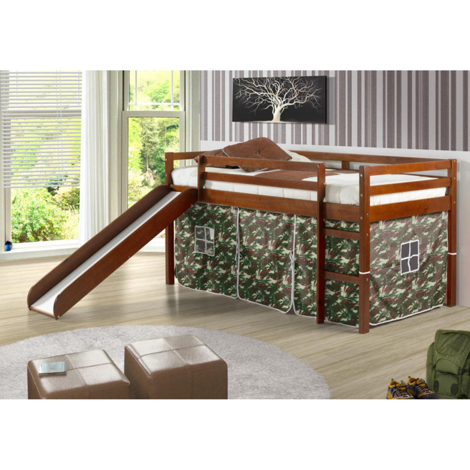 Donco Kids Twin Loft Bed Slide Wood Frame with Camo Tent White/Green