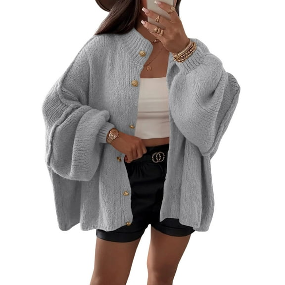 Women's Chunky Knit Oversized Cardigan - Button Front Coat with Lantern Sleeves for Fall/ Winter Cozy Outerwear