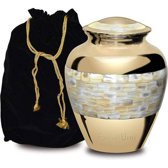 FOREVER URNS Adult Cremation Urn Classic MOP Urn For Human Ashes, Handcrafted 220 Cu. In With Velvet Bag.