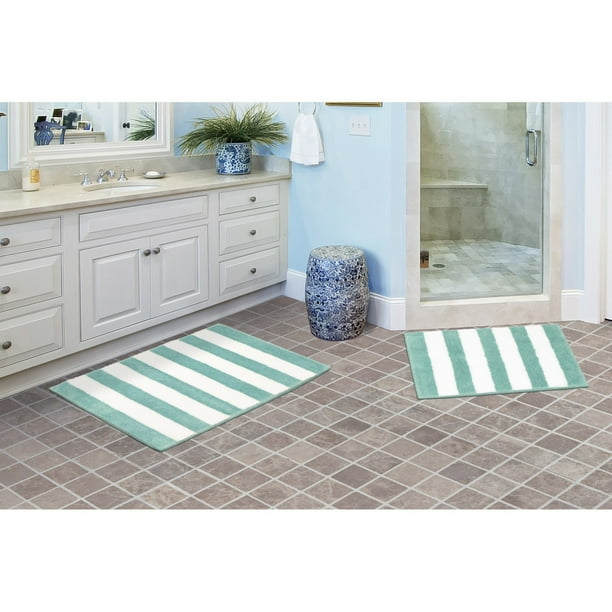 Garland Rug Beach Stripe 2 Piece Washable Bathroom Rug Set Sea Foam