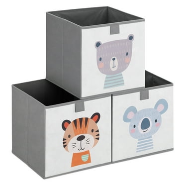 Navaris Kids Storage Cubes (Set of 3) - Storage Boxes 11x11x11" with Animal Designs - Children's Cube Bins Fabric Organizer Bin - Beige Animals