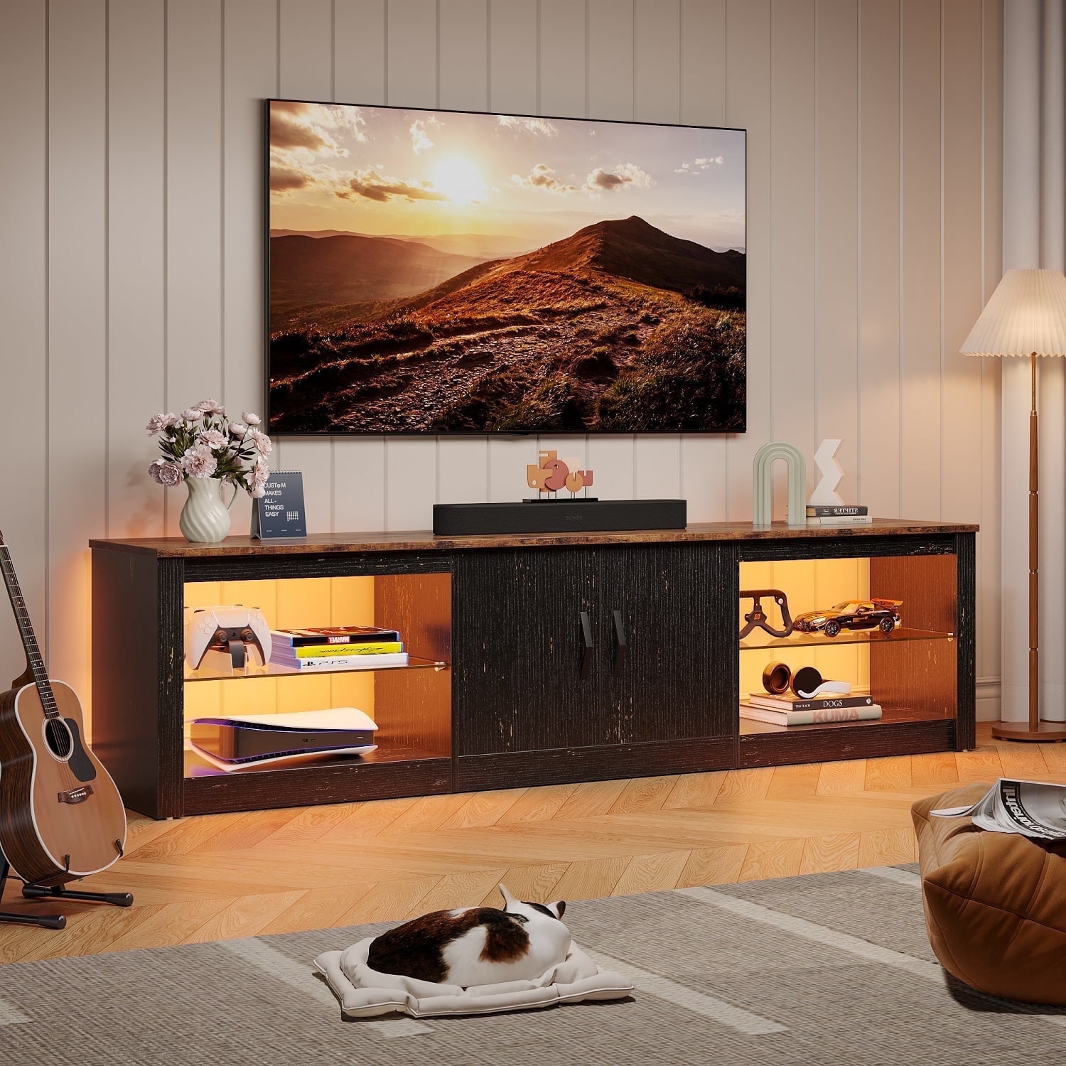 Bestier TV Stand for TVs up to 75" with Storage Cabinet, Entertainment Center for TVs with LED Light for Living Room, Black Gold