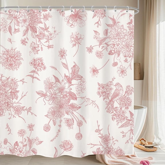Pink Floral Shower Curtain 72Wx84H Inches Extra Long Vintage Boho Bird Rustic Farmhouse Chinoiserie Aesthetic Cream Cloth Fabric Waterproof Polyester Bathroom Home Decor Set with Hooks