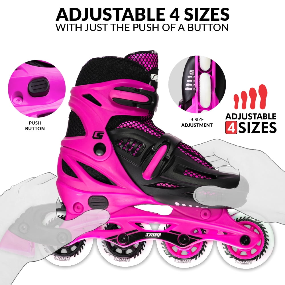Crazy Skates Adjustable Inline Skates for Girls and Boys - Adjust to fit 4 Sizes