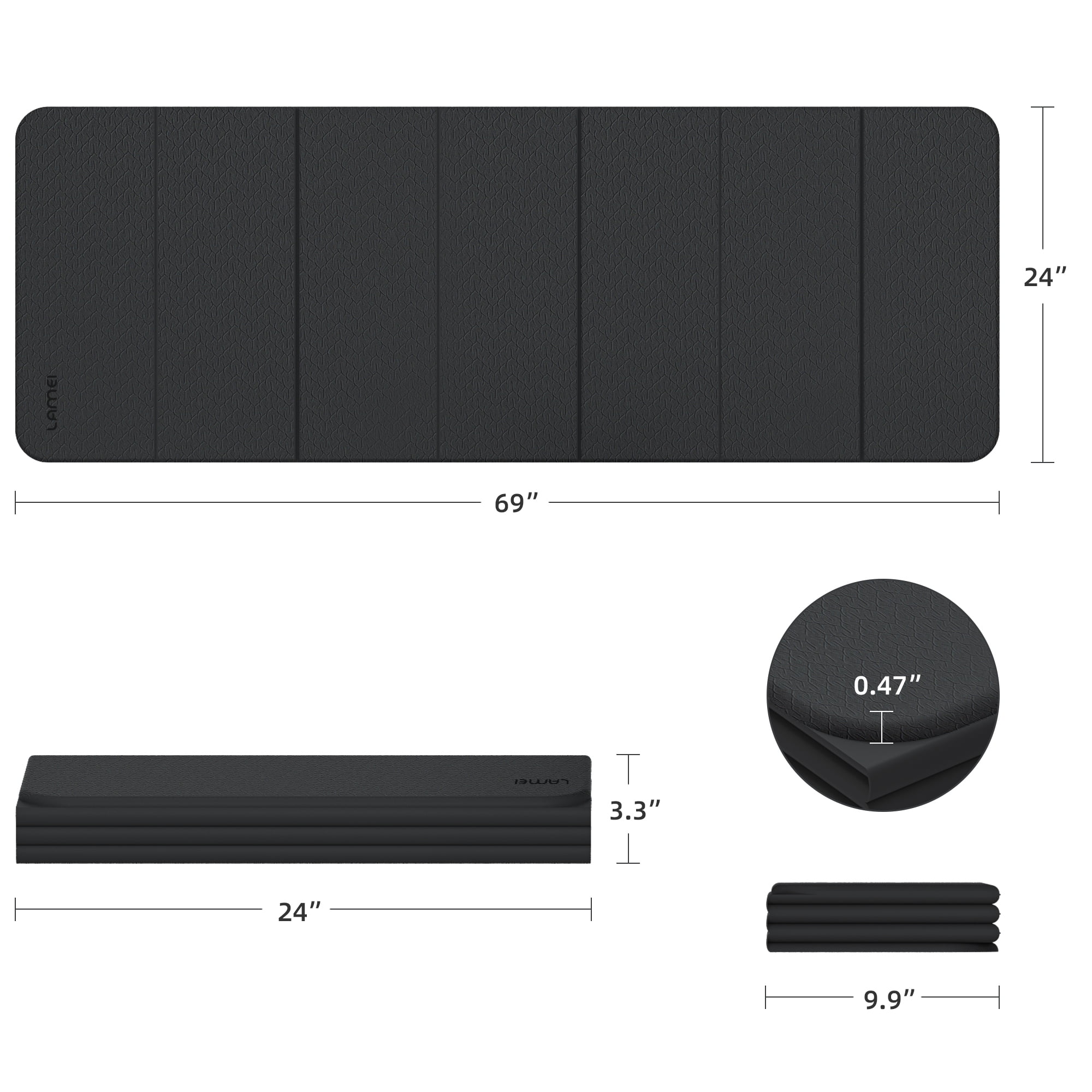 Lamei Foldable Yoga Mat, Extra Thick 1/2 inch Exercise Mat for Home Workout, Non-Slip Pilates Mats, Easy Storage, Quick Fold, No Curl(Black)