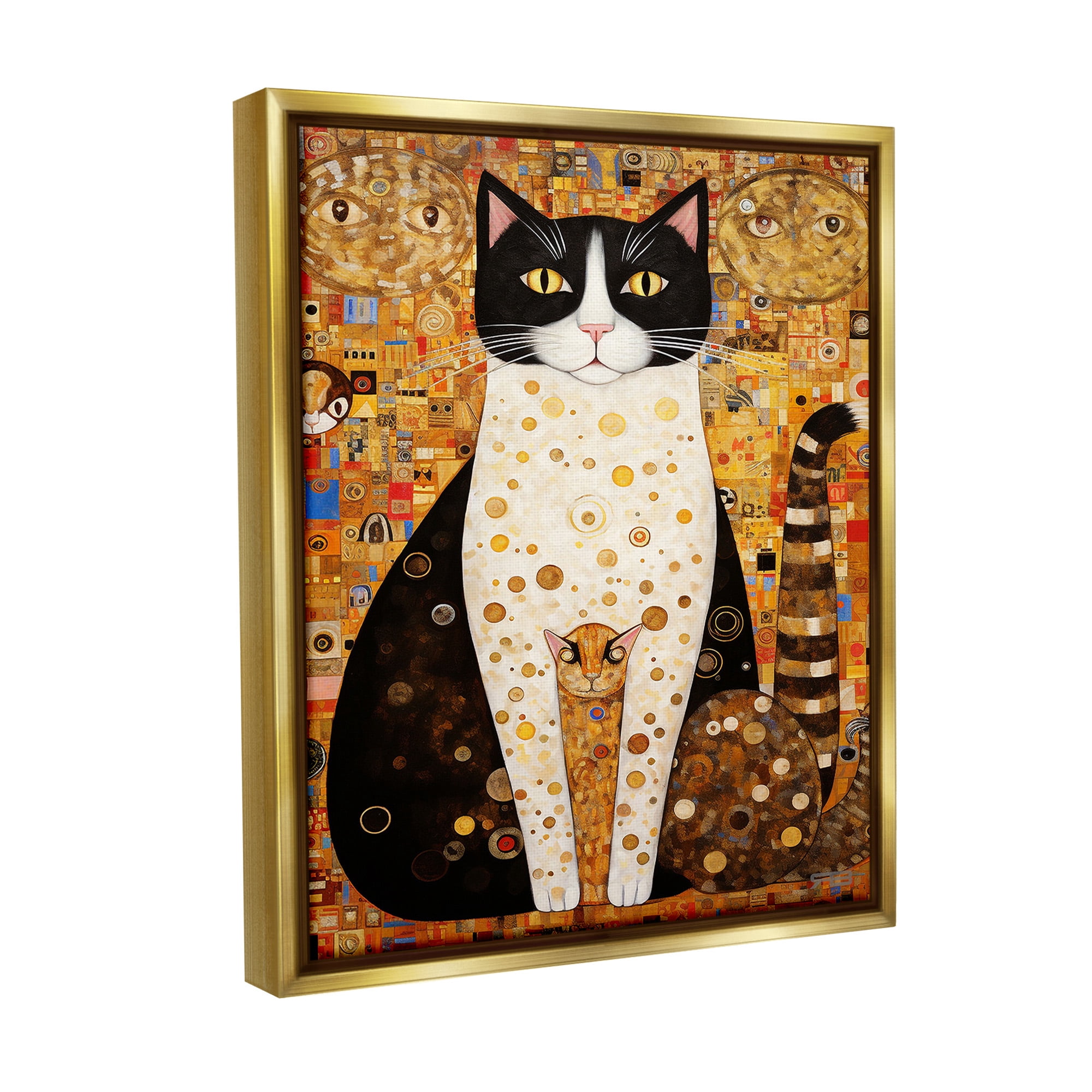 Stupell Industries Mosaic Style Cats Pattern Animals & Insects Painting Gold Floater Framed Canvas Art Print Wall Art, 17 x 21