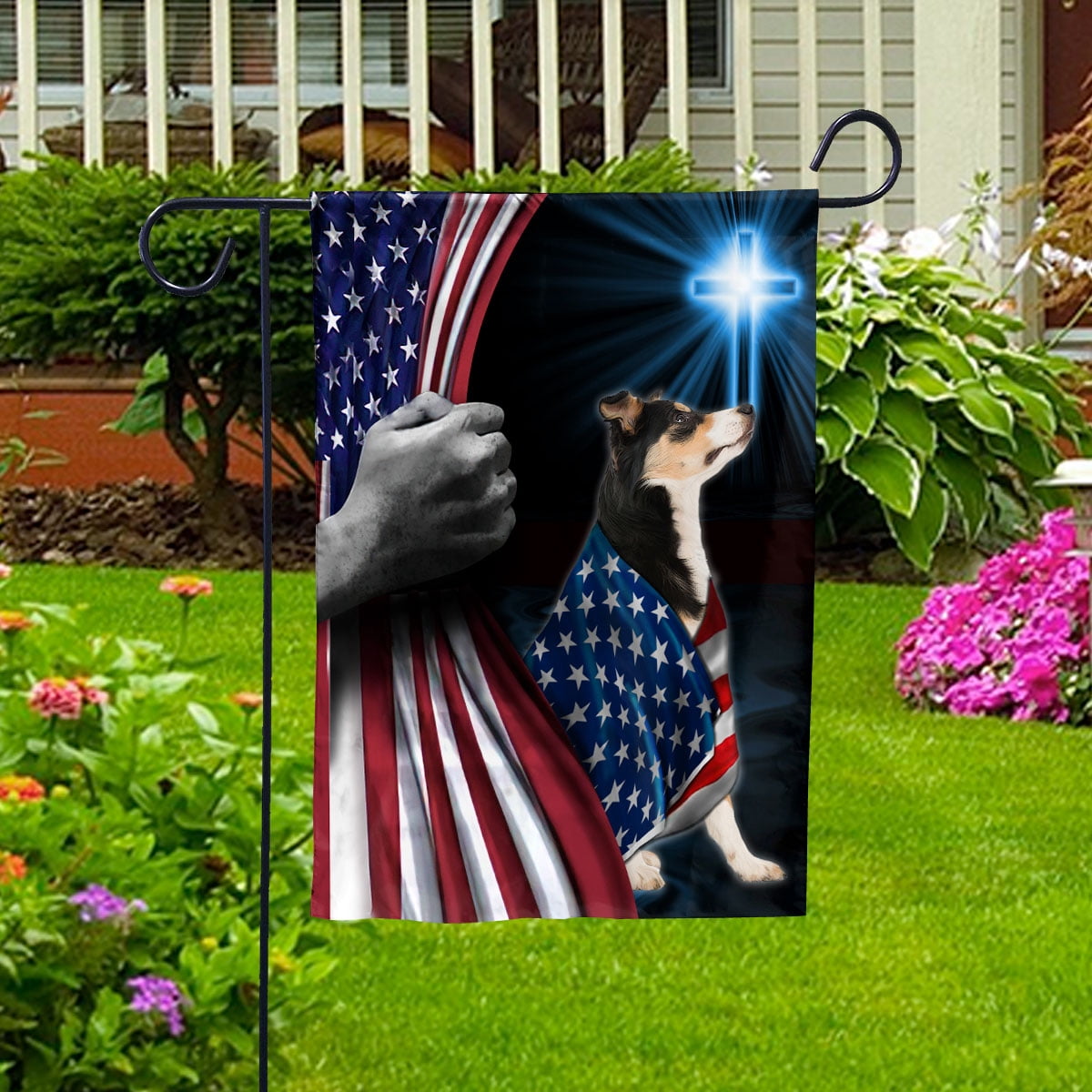 Hand Pulling USA Flag Border Collie Dog Wearing Flag American Standing under Cross Christian Patriotic House Flag (3x5) Double Sided- Premium Polyester-Decorative Indoor Outdoor Flag