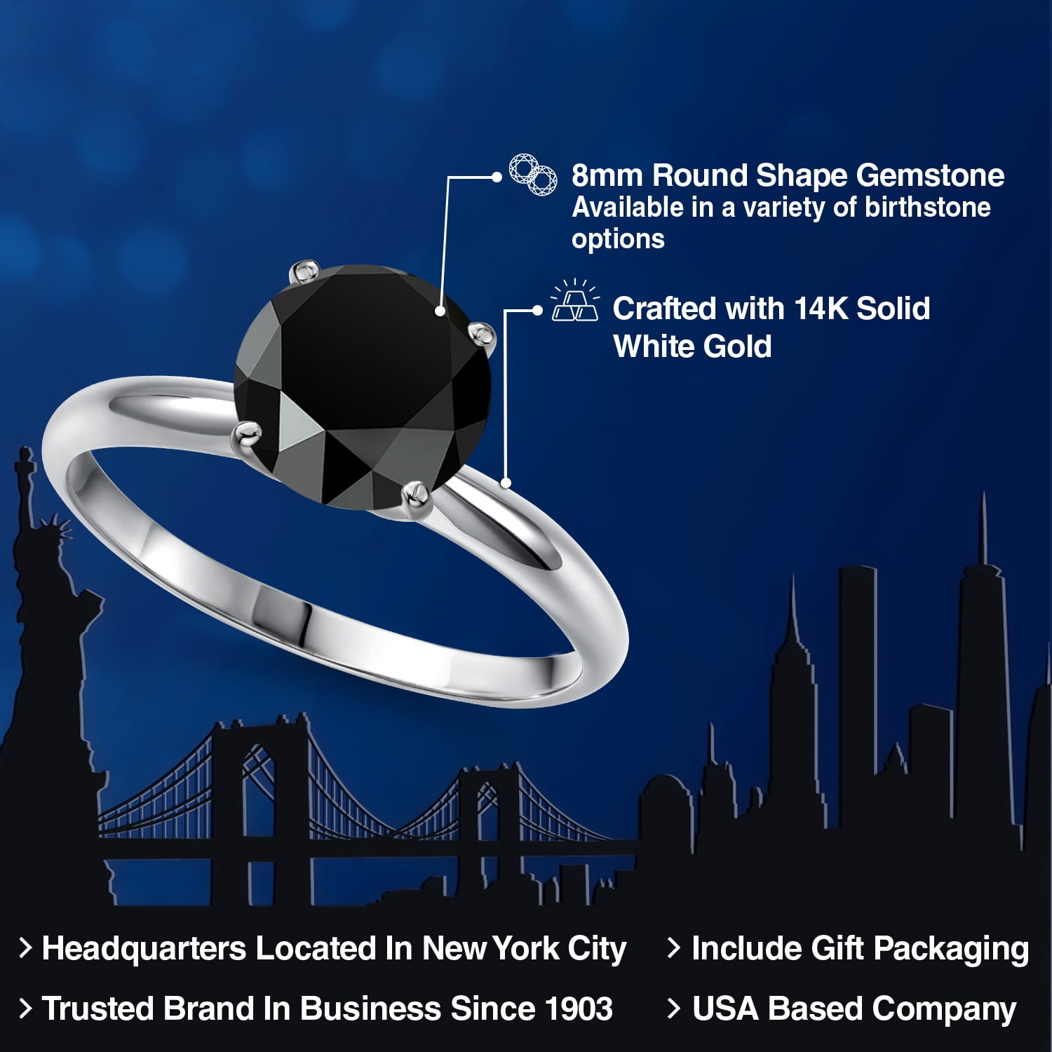 Gem Stone King 14K White Gold Black Onyx Solitaire Engagement Ring for Women | 1.65 Cttw | Round 8MM | Gemstone December Birthstone | Size 5