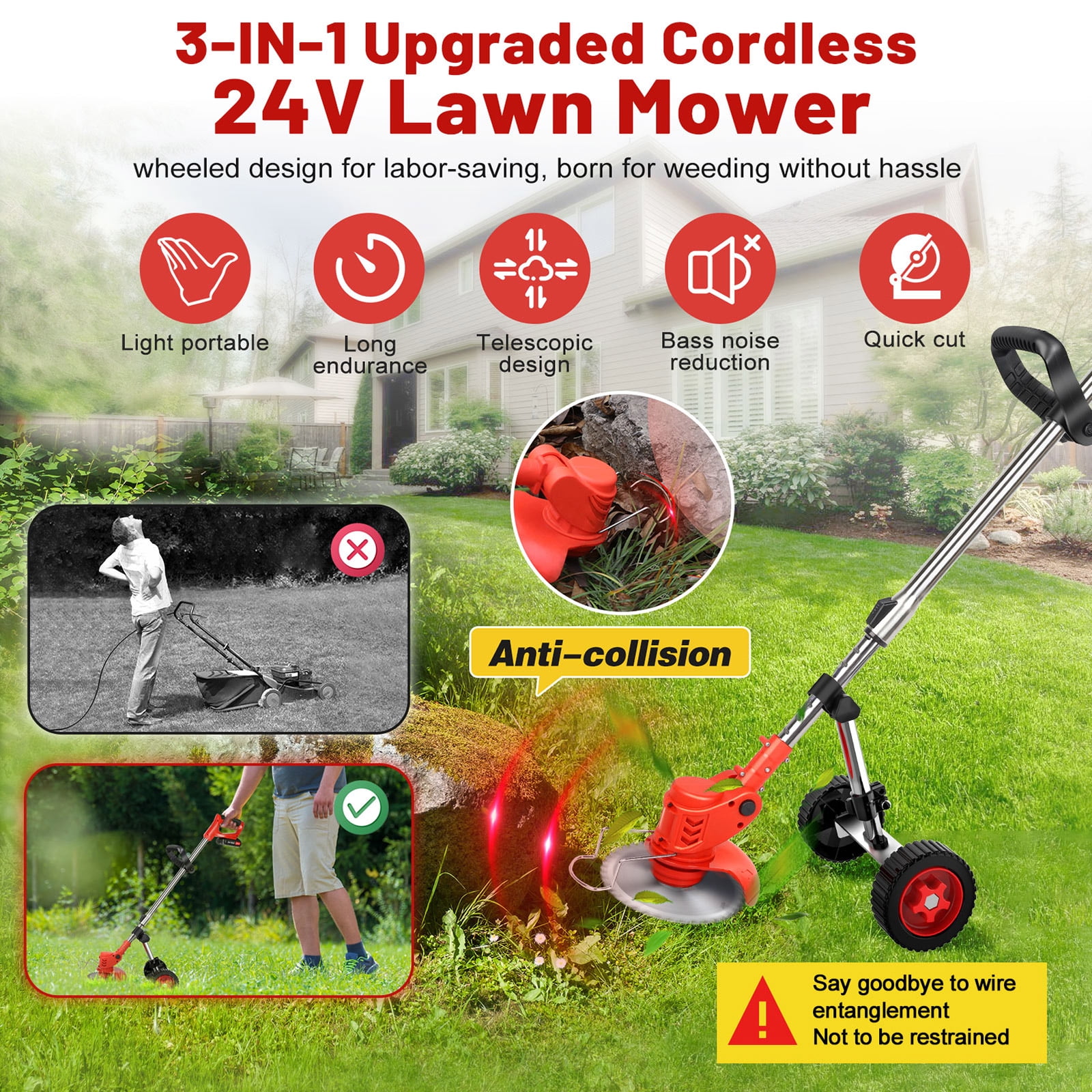 Weed Eaters Cordless with 2025 Upgraded Wheels, Tanbaby 3-in-1 Battery Powered, 6 inch Grass Trimmer & String Trimmer/Edger Kit for Lawn Garden Trimming