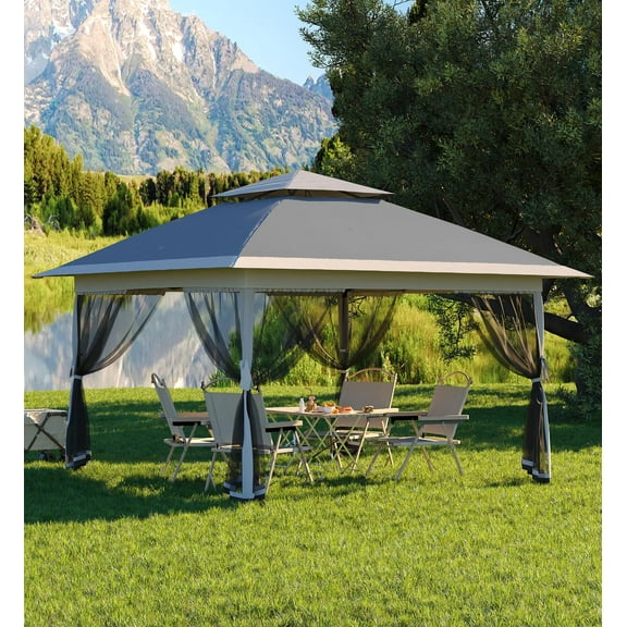 Huisuilinss Outdoor Gazebo,13FT Pop Up Canopy Tent,Instant Gazebo Tent,Outdoor Canopy Shelter,Sun Shade With 2 Tiers Roof & Mosquito Netting For Patio Lawn Garden Backyard & Deck