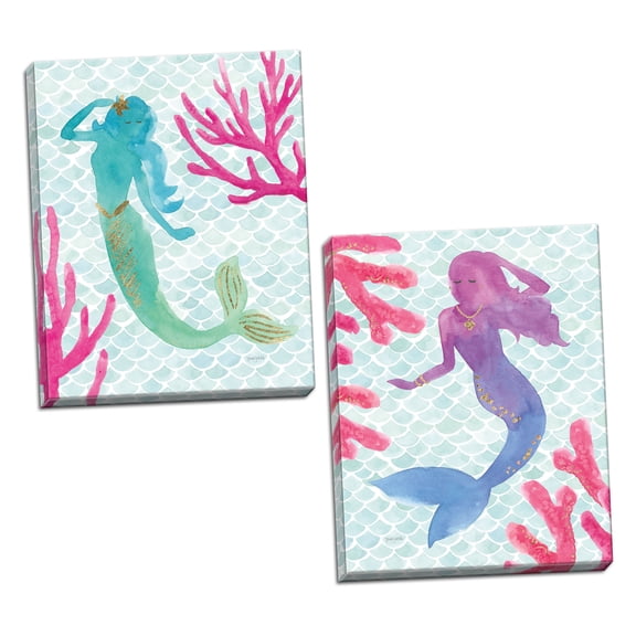 Gango Home Decor Teal and Pink Teen Coastal Mermaid Friends; 2-16x20" Stretched Canvases
