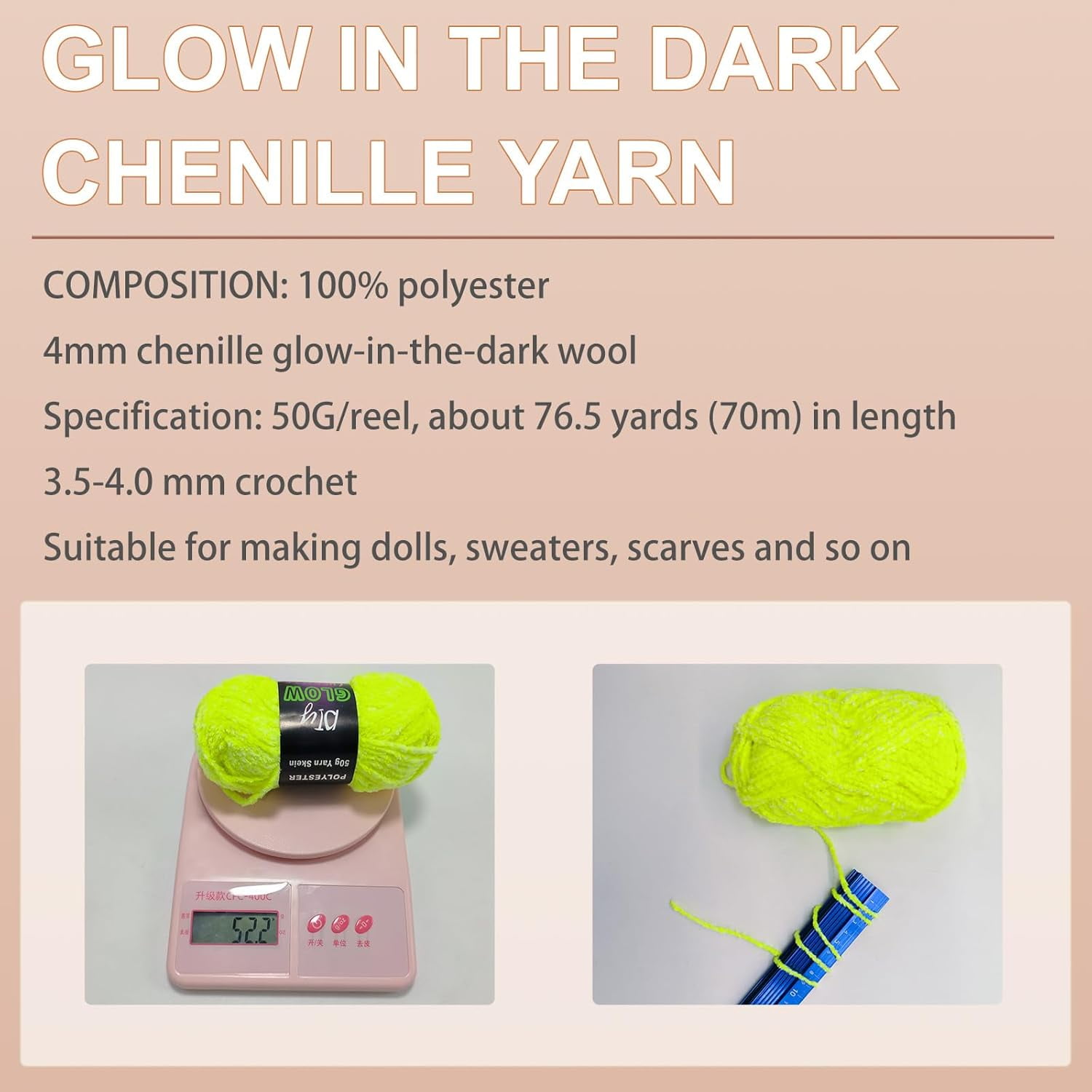 6PCS Glow in The Dark Chenille Yarn 70m/Roll for Crocheting DIY Handcrafts