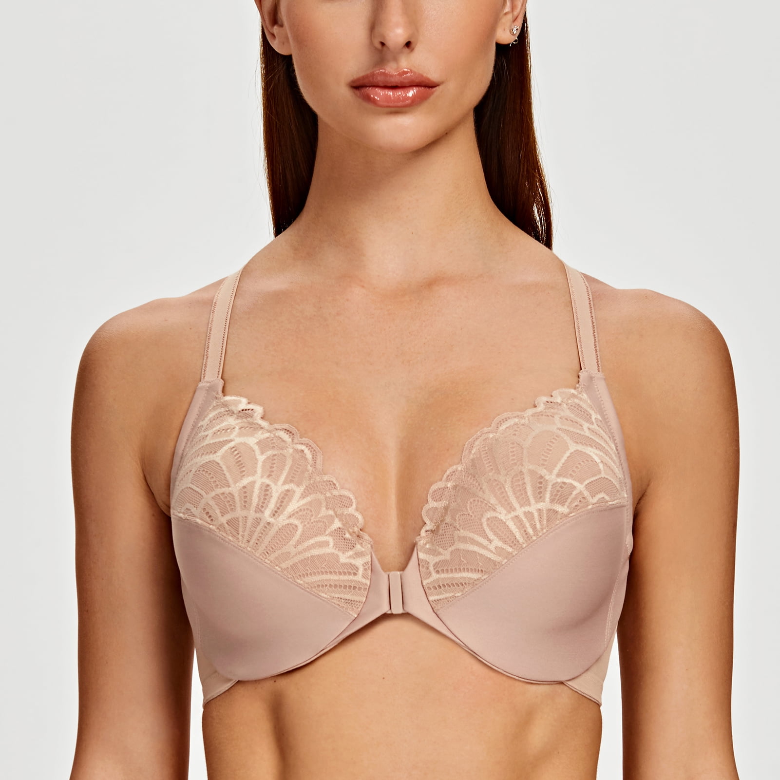 MELENECA Female Racerback Front Closure Unlined Underwire Bra for Women Beige 48F