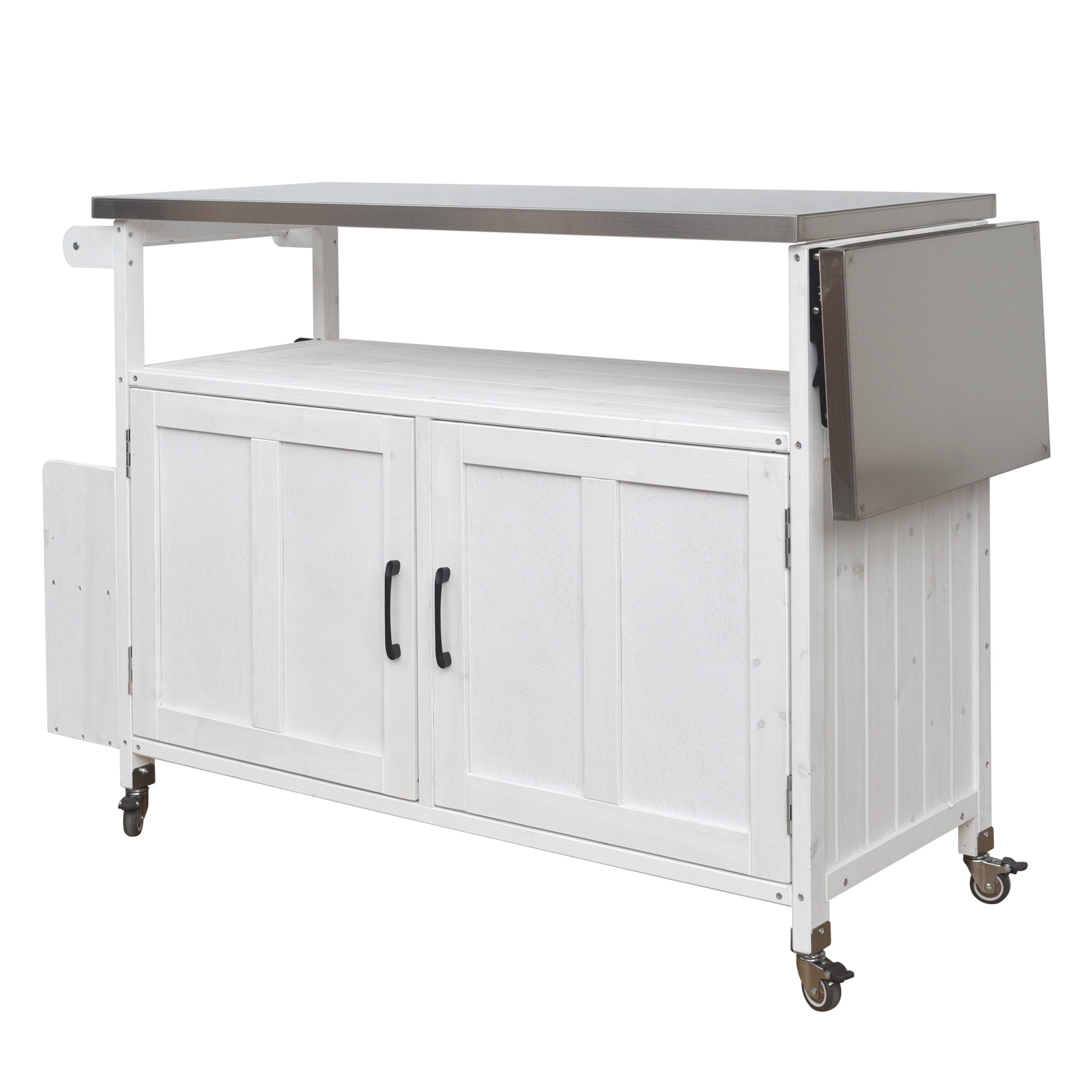 Harper & Bright Designs Outdoor Extendable Kitchen Island with Wheels, Patio Kitchen Cart with Foldable Stainless Steel Top, Portable Prep Station with Storage Cabinet and Towel Rack, White