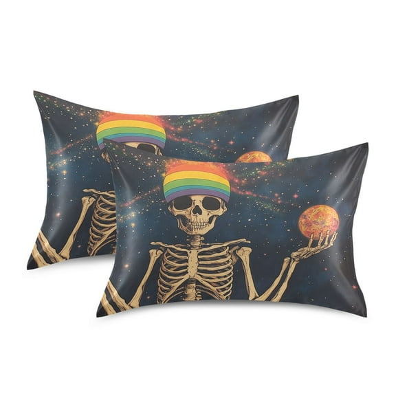 Yayeee Pillowcase Standard Size Set of 2 Satin Wrinkle Resistant Pillow Case, Skeleton with Rainbow