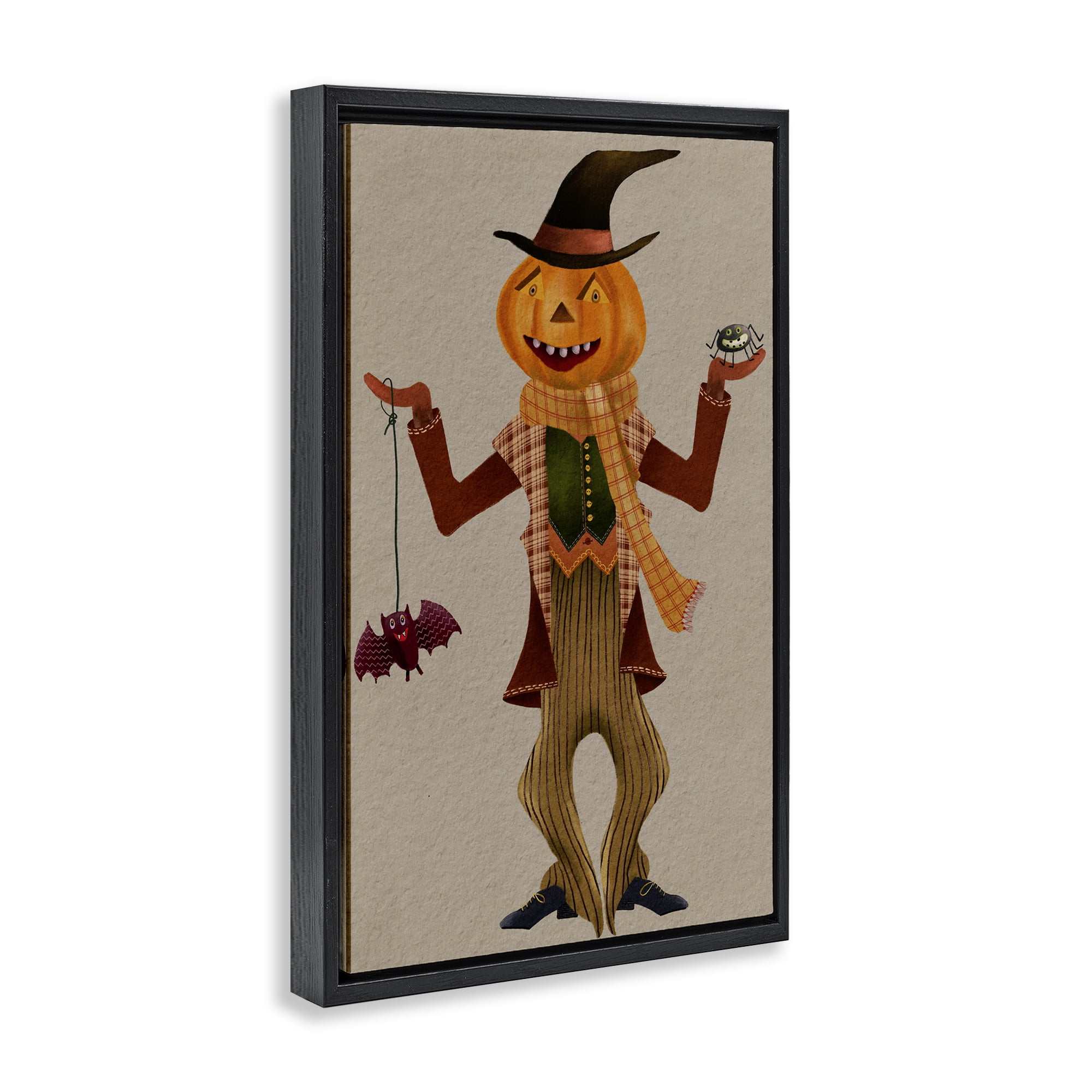 Stupell Industries Halloween Scarecrow & Bat Holiday Painting Black Floater Framed Art Print Wall Art, 21 x 31