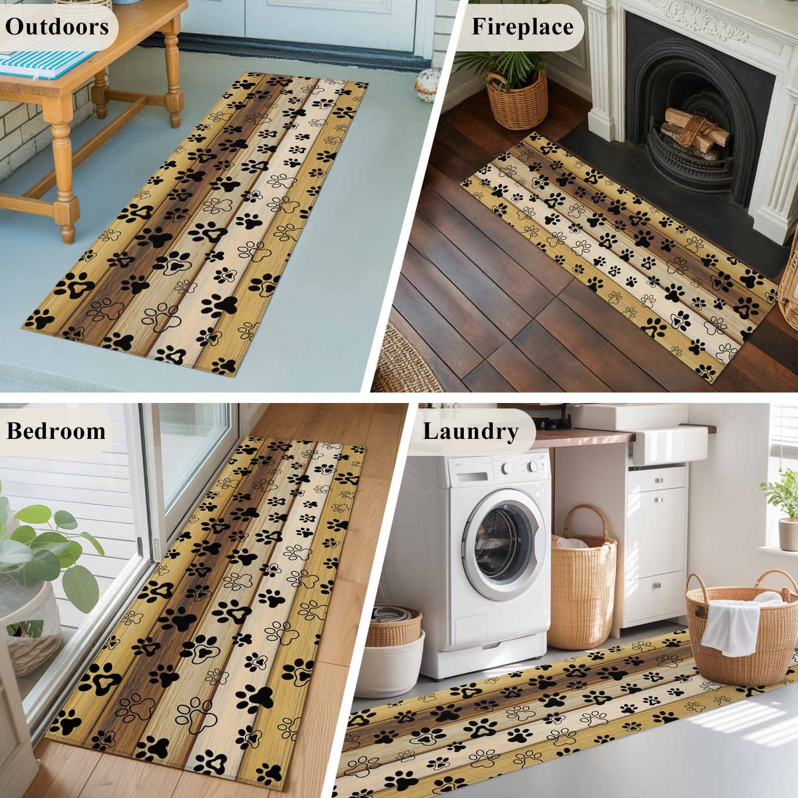 2'x6' Rug Runners for Hallways Kitchen, Cute Dog Claws Non Slip Entryway Beside Floor Carpet Runner, Farmhouse Brown Wooden Grain Puppy Pawprints Laundry Room Bedroom Throw Rugs Mat for Family Pet