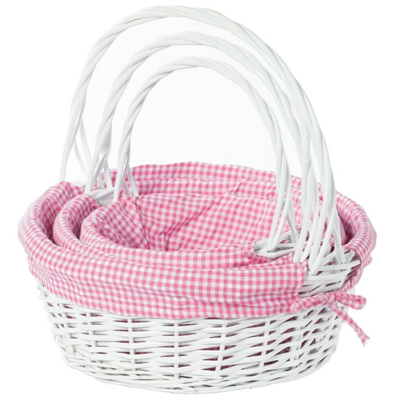 White Round Willow Gift Basket, with Pink and White Gingham Liner and Handles, Set of 3