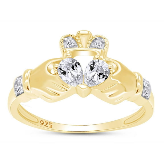 14K Yellow Gold Over Sterling Silver Pear Cut Cubic Zirconia Claddagh Engagement Ring Jewelry For Womens RingSize-9