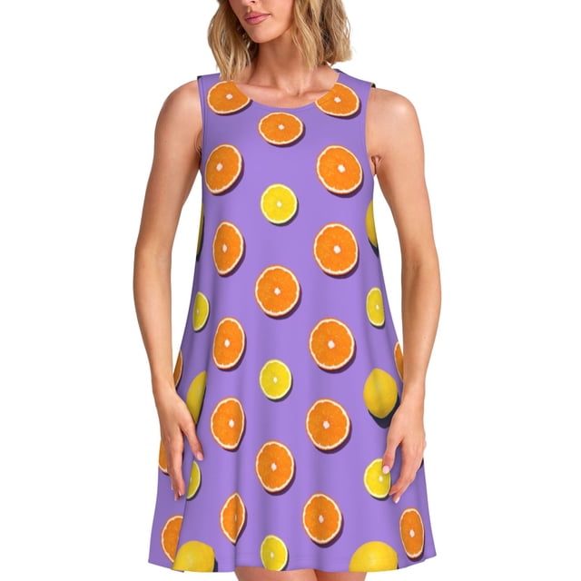 Fotbe Yellow Lemon And Orange Vestido de Verano sin Mangas para Mujer – Vestido Midi Línea A, Estilo Camiseta Floral, Vestido Playero Casual y Fluido