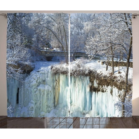 Minnesota Curtains 2 Panels Set, Frozen Minnehaha Falls and Footbridge in City Park of Minneapolis Landmark Theme, Window Drapes for Living Room Bedroom, 108W X 63L Inches, Multicolor, by