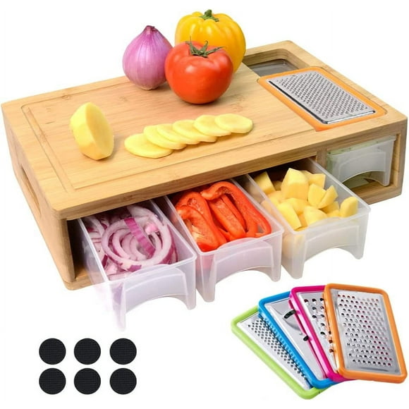 Bamboo Cutting Board with Containers, Lids, and Graters, Large Wood Cutting Board with Containers, Food Dropping Zone, Carving Board with Easy-grip Handle, Juice Groove