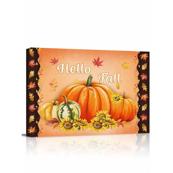 Hello Fall Canvas Print Wall Art Framed Canvas Art Wall Decor Harvest Pumpkin Sunflower Maple Leaf Thanksgiving Pictures Painting Morden Artwork for Living Room Bedroom, Ready to Hang - 12"x16"