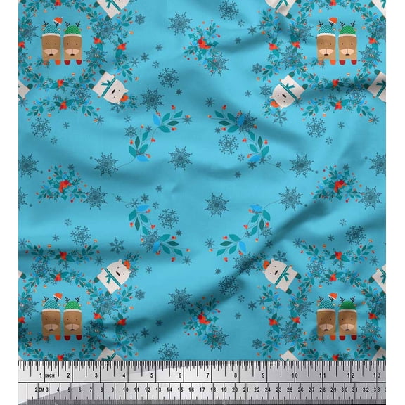 Soimoi Blue Cotton Voile Fabric Bear,Leaves & Baubles Christmas Print Fabric by the Yard 42 Inch Wide