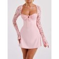 thumbnail image 2 of xiaxaixu Femmes Mini Robe, Manches Longues Backless Tie-up Dentelle Patchwork Robe de Cocktail une Ligne Robe, 2 of 8